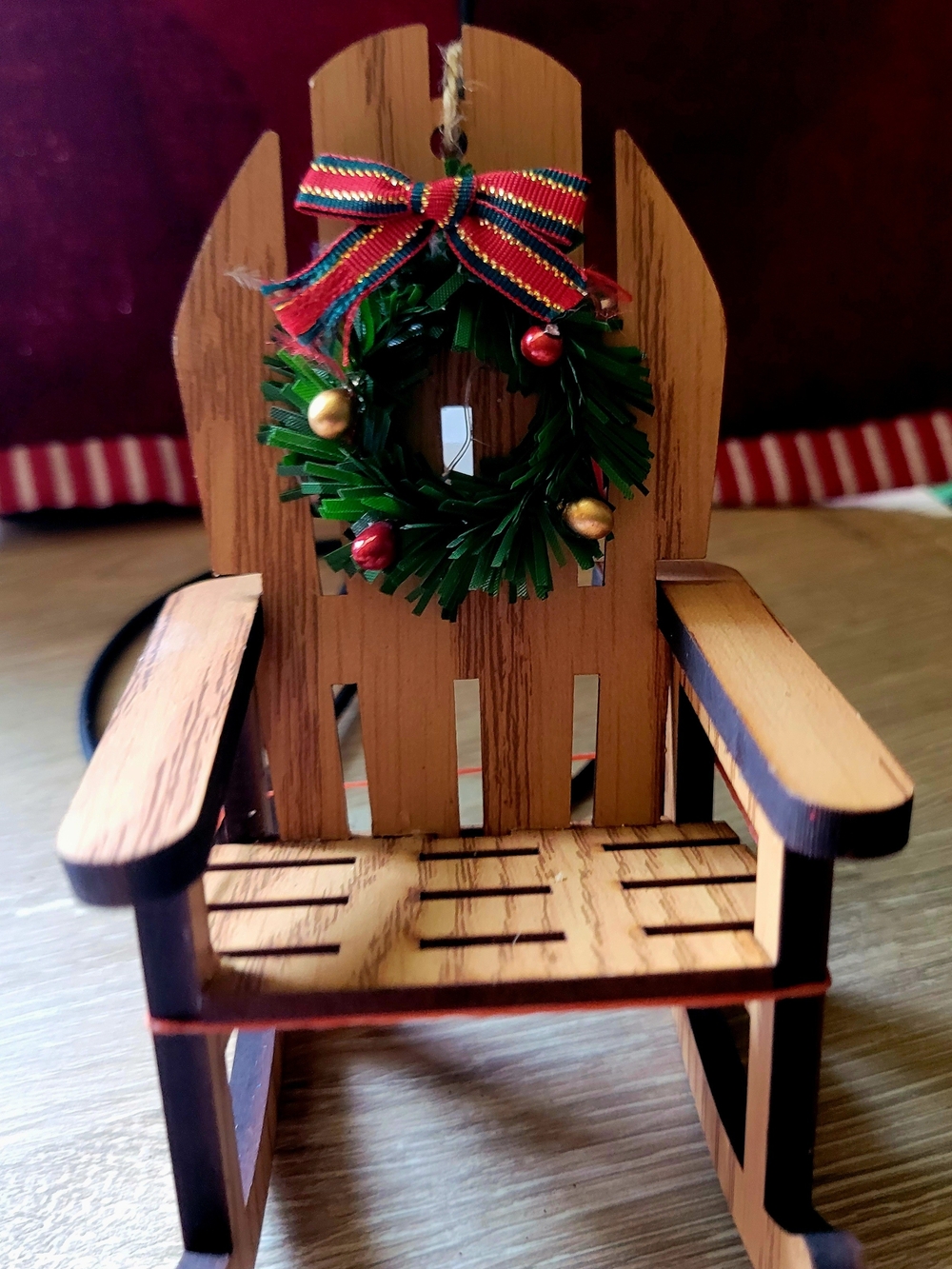Pier 1 Mini Wooden Rocking Chair Ornament with Green Wreath and Red-Gold Bow